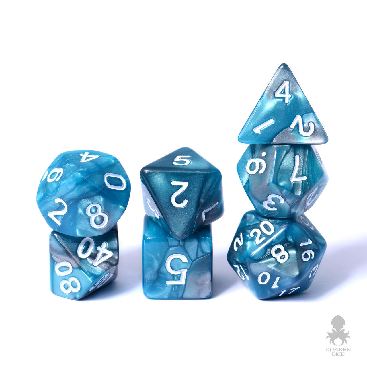 Teal Steel White Ink 7pc Fusion Dice Set For RPGs